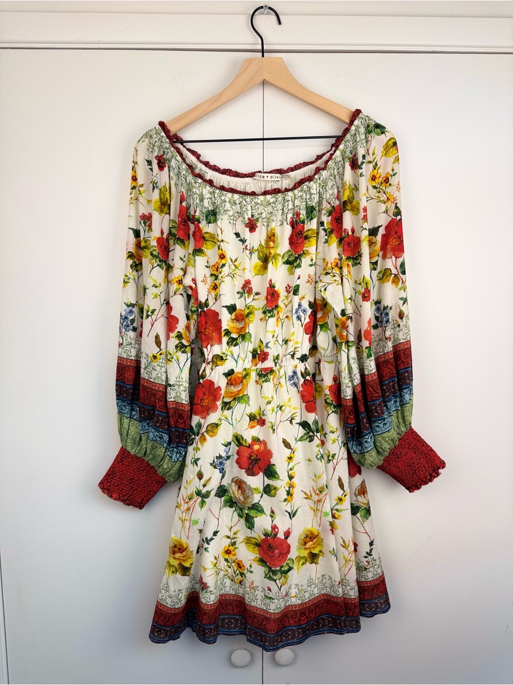 Alice + Olivia Mary Off Shoulder Tie Belt Dress Dew Floral L - Picture 5 of 6